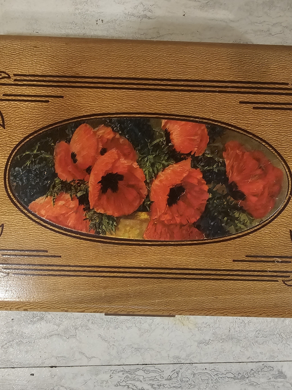 Vintage Floral Poppy Art Box - Red Poppies on Tan